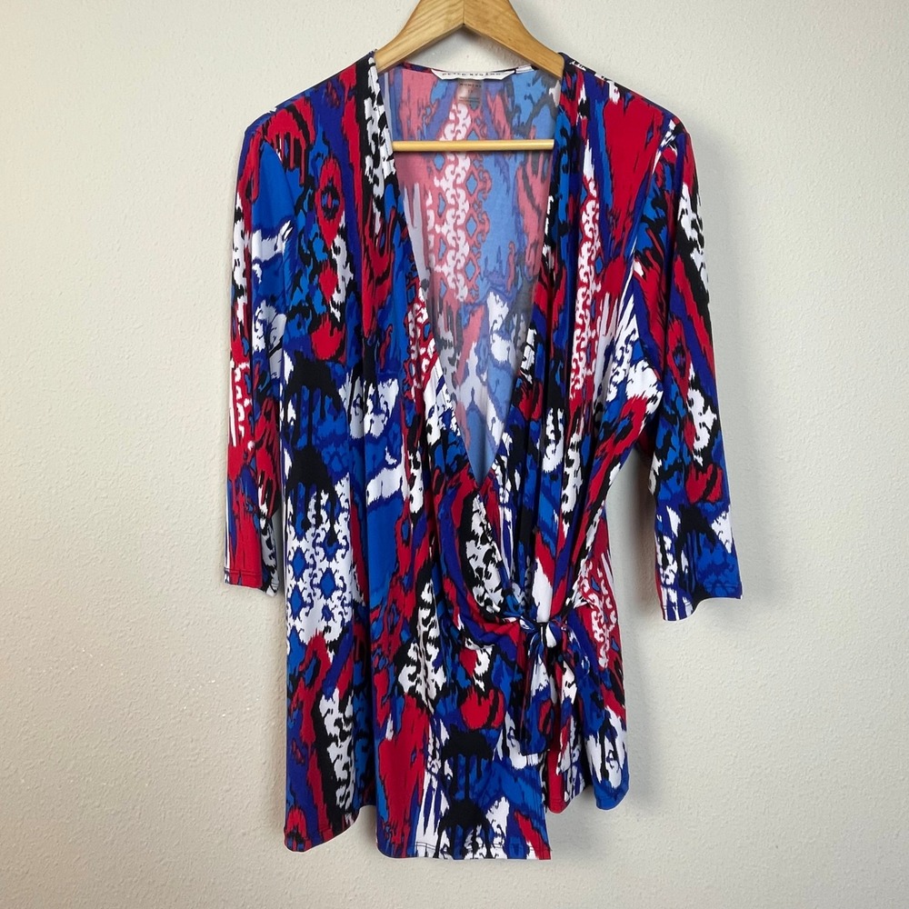 Peter Nygard Abstract Print 3/4 Sleeve Tie Front Top Red Blue Sz 1X
